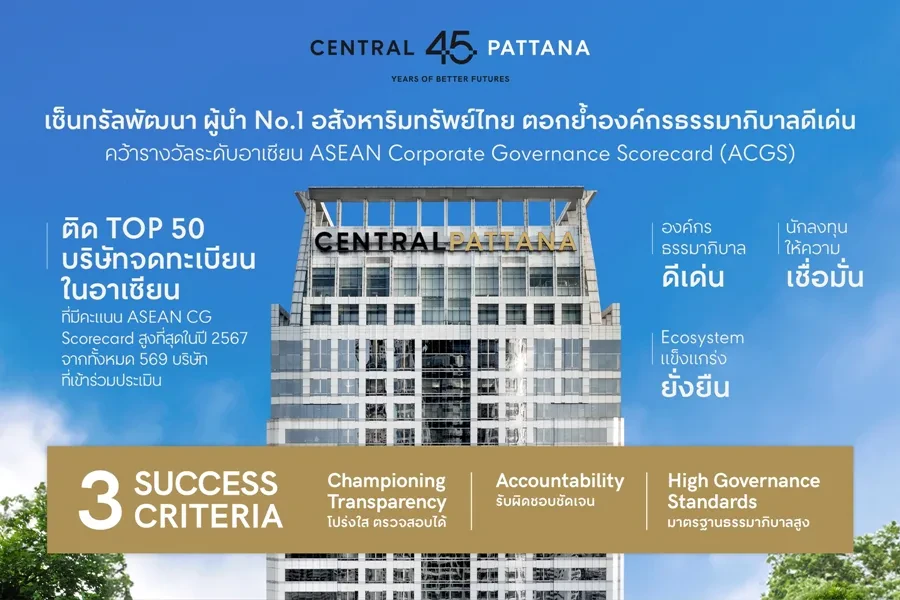 Central Pattana wins prestigious ASEAN Corporate Governance Scorecard (ACGS) Award, reaffirming excellence in corporate governance and investor confidence